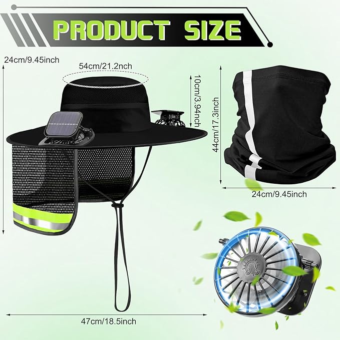 Solar Fan Hat for Men Women Sun Wide Brim Fishing Hat with Dual Power Ice Silk Neck Cover Reflective Design
