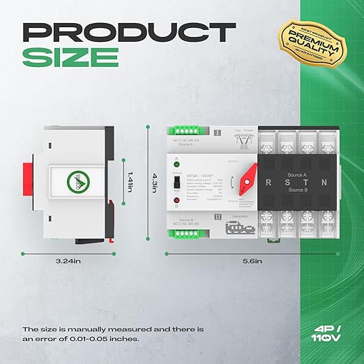 Automatic Transfer Switch 100A AC110V, Dual Power ATS 4P Automatic/Manual Transfer Switch din Rail mounting for Home Generator, RV，Public/Backup Power Supply