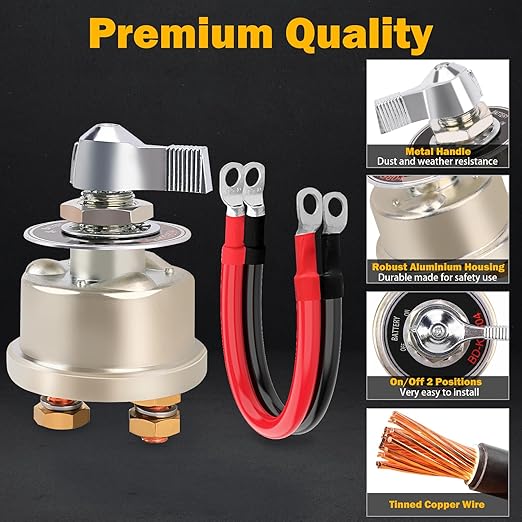 12-48V 200A Master Battery Disconnect Switch & 4 AWG 1FT Battery Cables Set, High Current Battery Power Cutoff Killer Switch for Car Vehicle RV Truck Boat Marine ATV On/Off Battery Isolator Switch