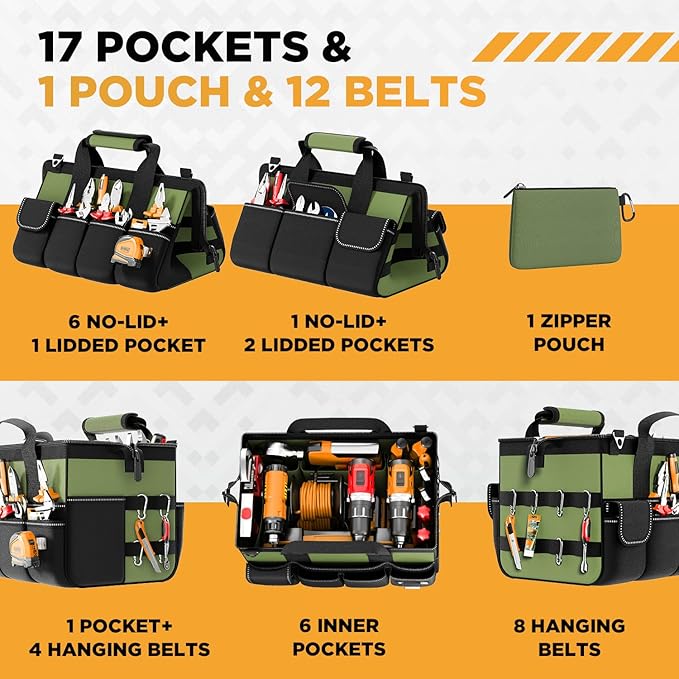 Goovilla Tool Bag 15.5 Inch with 1 Pouch | 17-Pocket Portable Tool Box Organizer Storage with Adjustable Strap, Soft Handle and Durable Zipper | Heavy Duty Tool Bags for Men, Father’s Day (Green)