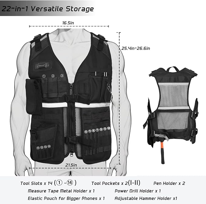 Electrician Tool Vest for Men, Reflective Safety Work Vest with Adjustable Thick Straps, Removable Phone Holder for Electrical, Carpenters, Construction, 22 Pockets