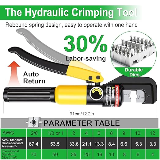 Twidec/230PCS Battery Cable Ends Kit AWG 8 6 4 2 1 1/0 2/0 Heavy Duty Copper Lugs Cable Wire Lugs,Copper Ring Terminals Connectors with Heat Shrink Tube and Hydraulic Crimping Tool 10 Tons with 9 Die