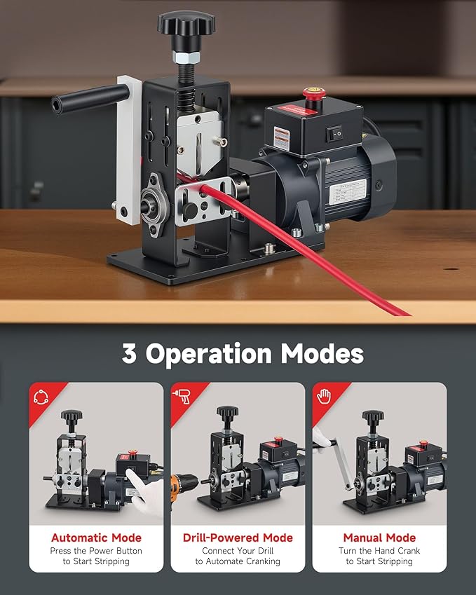 CREWORKS Automatic Wire Stripper Machine, Wire Stripper Electrical for 0.06"-0.9" (1.5-22 mm) Copper Wires with 3 Operation Modes, Wire Stripping Tool with Hand Crank for Scrap Wire Recycling