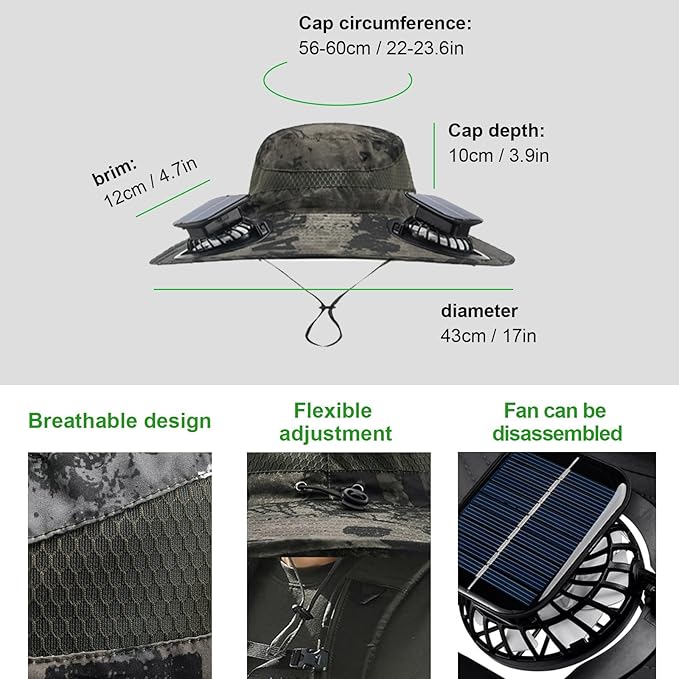 Fishing Hats with Sunglasses, Wide Brim Sun Hat with 2 Solar Fan, USB & Solar Powered Fishing Hats, Solar Fan Hats UPF 50+