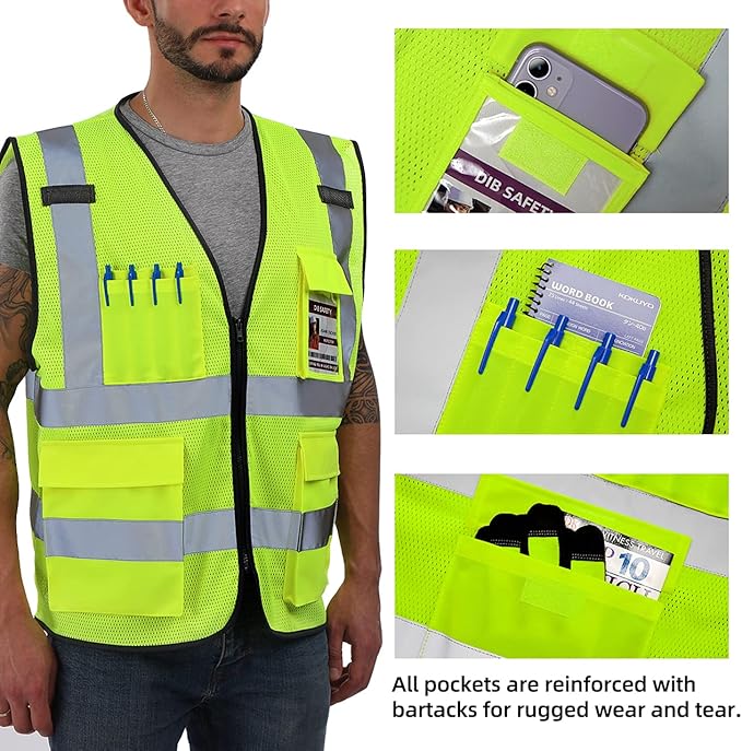 Dib Safety Reflective Vest ANSI Class 2, High Visibility Vest with Pockets and Zipper, Construction Work, Hi Vis