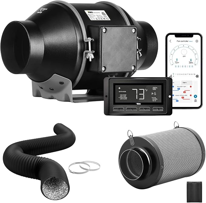 iPower 4" Smart Inline Duct Fan with Humidity Temperature Control via Bluetooth and WiFi App, Hook Designed Air Carbon Filter with 8 Ft Al Dryer Ducting, HVAC for Grow Tent Ventilation