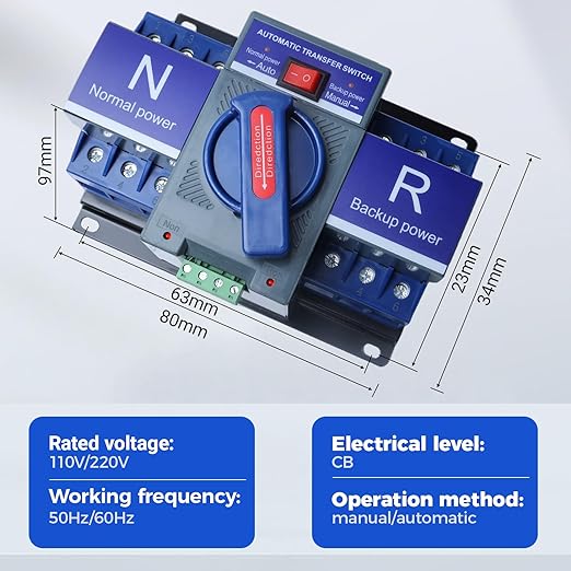 Automatic Transfer Switch 2P 63A 110V Generator Changeover Switch 50HZ/60HZ for Home, Office and Public Spaces