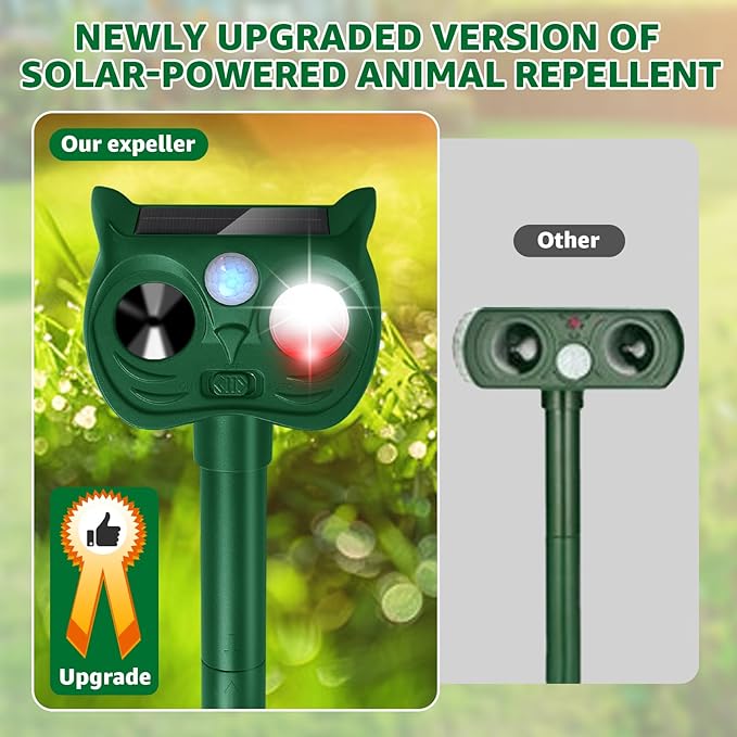 Solar Ultrasonic Animal Repellent Outdoor Motion Sensor Deer Repellent Devices Squirrel Cat Raccoon Rabbit Deterrent with Strobe Light Dual Mode, Keep Skunk Away Protection for Yard Garden Lawn 1PC