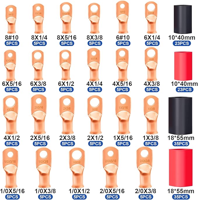 Taiss 230Pcs Copper Battery Cable Ends Kit, AWG 8 6 4 2 1 1/0 2/0 Ring Terminals,Heavy Duty Battery terminal connectors,Copper Wire Lugs High Conductivity with 3:1 Heat Shrink Tubing