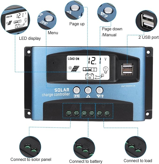FOSA MPPT Solar Controller, Dual USB, 12V, 40A, LCD Display, Solar Panel Regulator, Blue