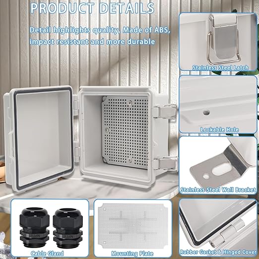 Zulkit Junction Box,IP67 Waterproof Electrical Box Hinged Cover Stainless Steel Latch Plastic Enclosure for Project with Mounting Plate Wall Bracket and 2 Cable Gland Grey 5.9"x5.9"x3.5"(150x150x90mm)