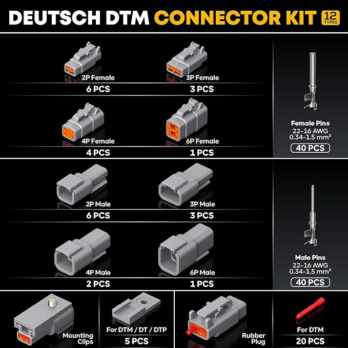 DTM Deutsch Series Connector Crimping Tool Kit, 2/3/4/6 Pin Miniature Waterproof Connectors, Size 20 Contacts (22-16 AWG), Ratcheting Crimper & Removal Tool for Sensors ECU, Fits Deutsch DTM