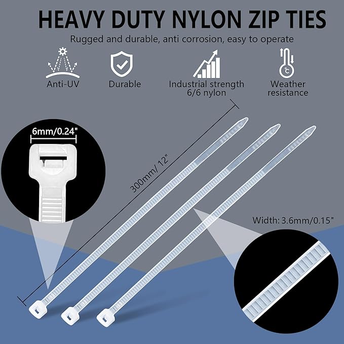 200PCS 12 Inch White Zip Ties Heavy Duty - Industrial 50 lbs Tensile Strength Clear Cable Ties, UV & Weather Resistant tie wraps, Self-Locking for Cable Management, Outdoor Use, and Home Organization