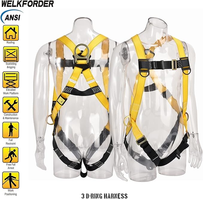 3D-Ring Industrial Fall Protection Safety Harness ANSI/ASSE Z359.11-2021 Compliant Full Body Personal Protection Equipment 3-Point Adjustment Universal 310 lbs