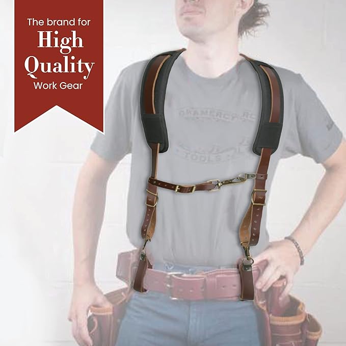 Style n Craft Padded Leather Work Suspender System with D-Ring Loops, Heavy-Duty Suspenders for Men, Leather Belt Straps, Adjustable to Fit Most Sizes, Dark Tan (98214)