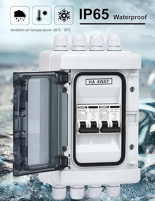 DIHOOL DC Circuit Breaker Box Cover with UV-Proof, 60 Amp Electrical Power Distribution Box 2 in 2 Out, PV Solar Disconnect Switch