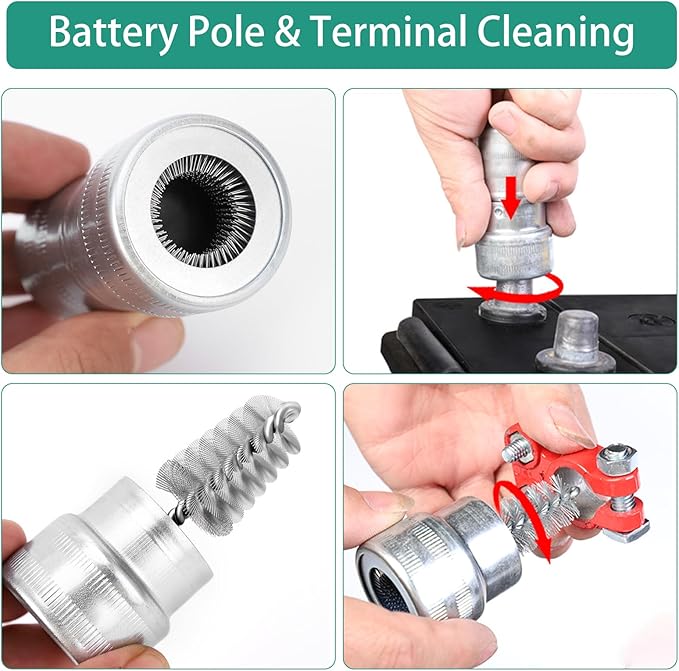 Battery Terminal Cleaner Kit, 2pcs Battery Terminal Brush, 2pcs Lead Shims, 10pcs Anti-Corrosion Fiber Washers, for Car Marine Boat RV