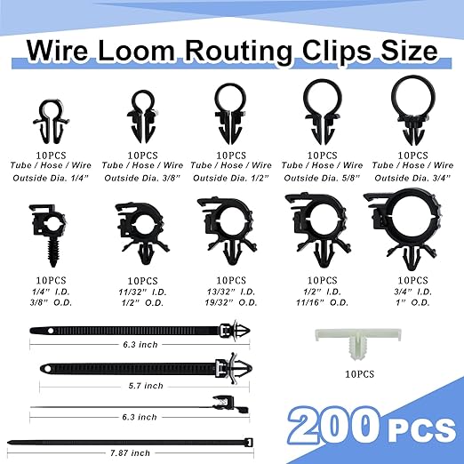 200pcs Car Wire Loom Routing Clips Push Mount Cable Tie Assortment 15 Sizes Cable Zip Tie with Car Wire Loom Routing Clips Universal Wiring Harness Clip Replacement Parts for Automotive
