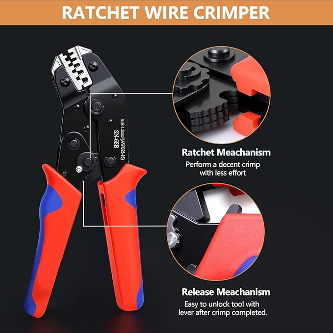6 in 1 Wire Crimping Tool, Amliber AWG 28-16 Wire Crimper for Non-Insulated Open Barrel Terminal Connectors, Electrical Crimping Pliers for Molex Dupont JST Deutsch DELPHI AMP TYCO TE Terminals