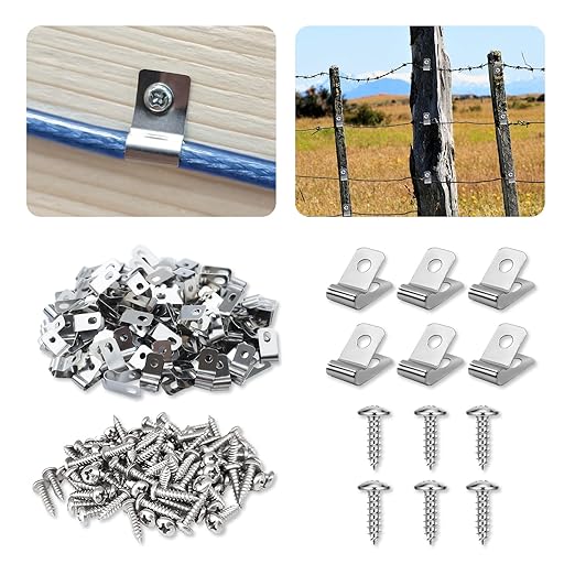 Fence Wire Clamps Agricultural Fencing Mounting Clips, Stainless Steel Wire Clips with Screws for Welded Wire to Wood, Metal or Vinyl Fence (100)