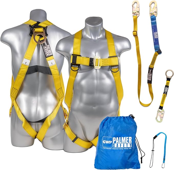 Palmer Safety Safety Harness w/Detachable 6 ft Lanyard I Single Leg Lanyard w/Internal Shock Absorbing & Snap Hook