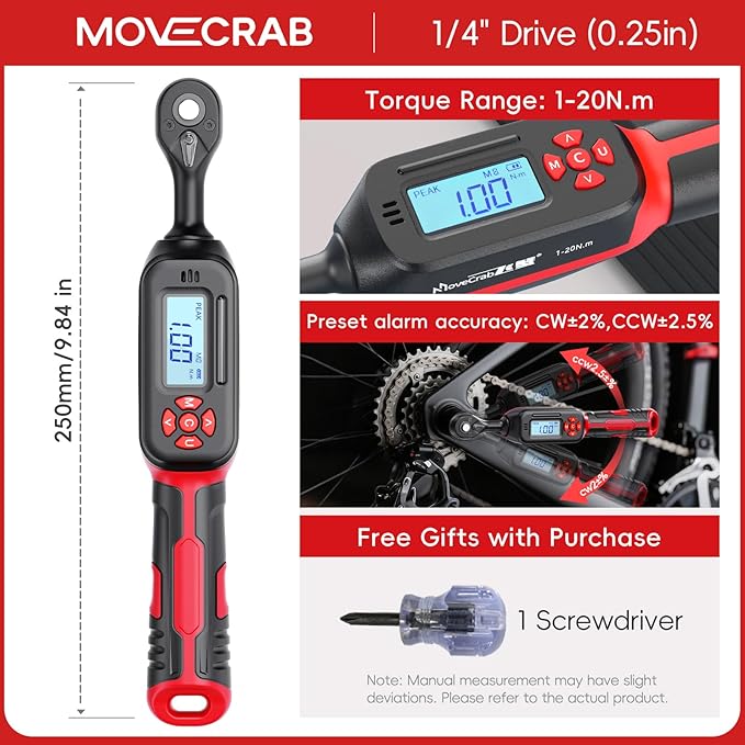 1/4" Digital Torque Wrench, 0.7-15 Ft.lb/1-20 N.m, ±2% Accuracy, LED Display, USB Data Storage, 4 Units, Two modes, Triple Alert, Precision Torque Tool, Red