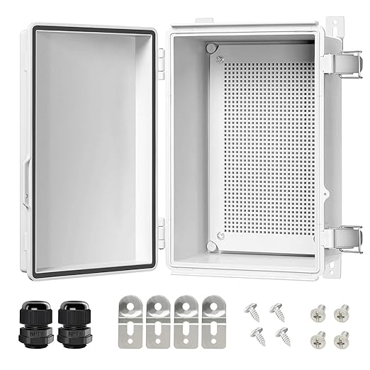 LeMotech Electrical Box, IP67 Waterproof Hinged Cover Stainless Steel Latch Junction Box, ABS Plastic Electrical Enclosure with Mounting Plate,Wall Brackets, Cable Glands,11.8"x7.7"x5.2",Grey