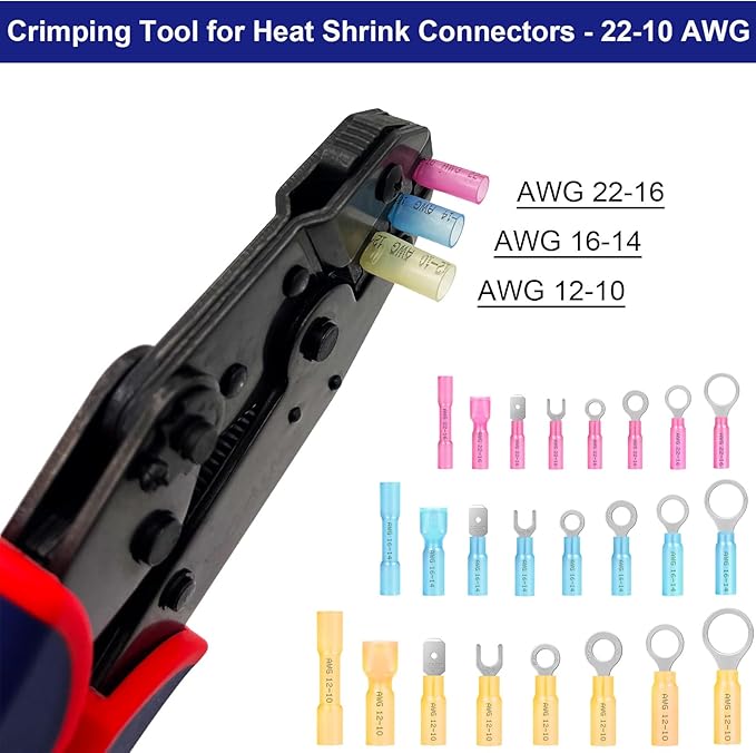 Crimping Tool for Heat Shrink Connectors, Ratchet Terminal Crimping Tool, Crimping Pliers, Ratcheting Wire Crimper for 22-10 AWG Terminal Connectors