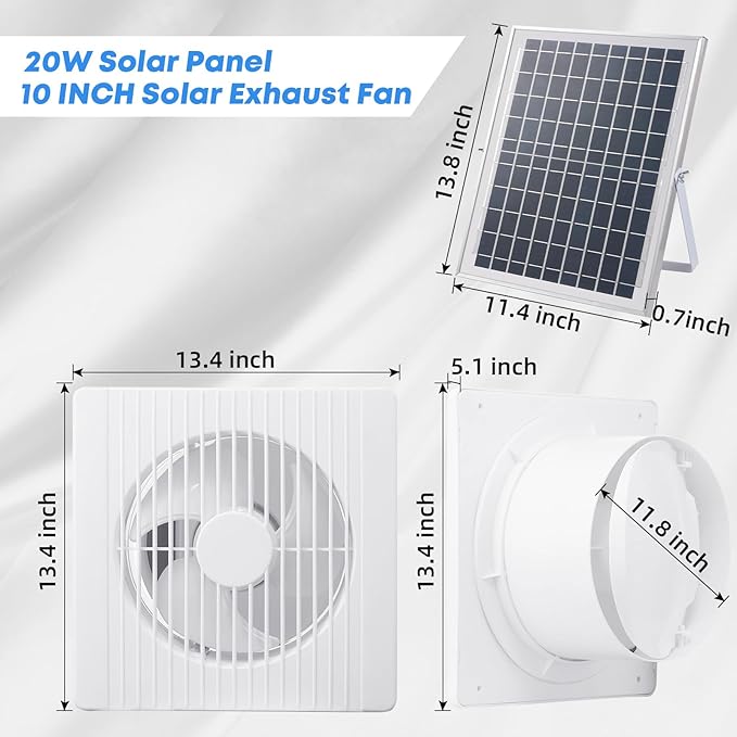 10inch Solar Fan with 20W Panel, Solar Vent Fan for Shed, Greenhouse, Dog Kennel, Chicken Coop Ventilation, Waterproof & Anti-Backflow Valve Attic Exhaust Fans