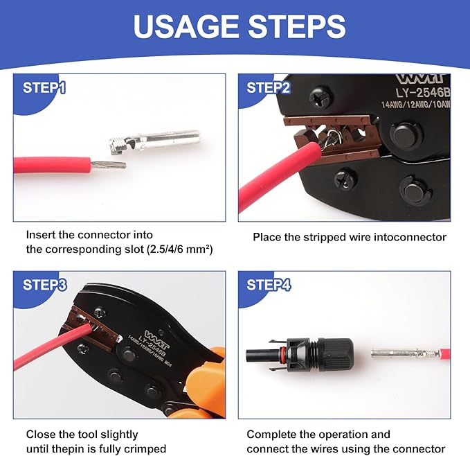 WMT Solar Crimping Tool for MC4 Connectors, Professional PV Cable Crimper for 14-10AWG(2.5/4/6mm²), Solar Panel Connectors Wire Installation