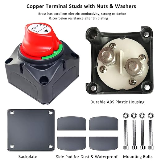 Battery Disconnect Switch, Gioyonil 12-48V Master Power Cut Shut Off Isolator 275Amps Camper Travel Trailer Switch for Car RV ATV Boat Marine Truck, 2 Pack