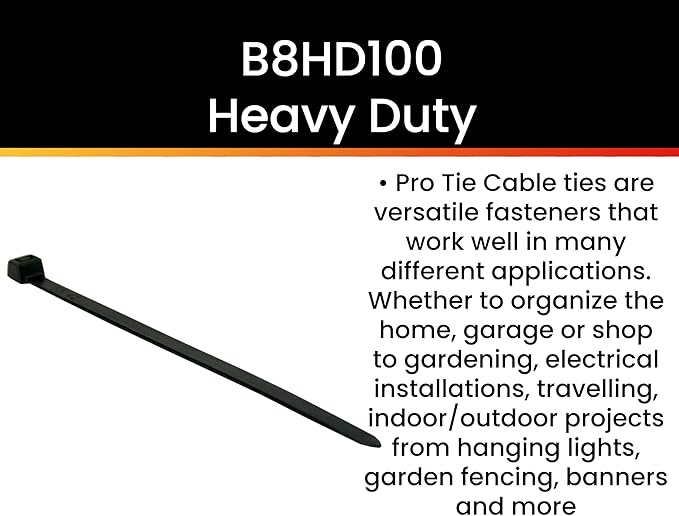 Pro Tie Heavy Duty Cable Ties, Self-Locking Nylon Cable Wire Ties for Indoor and Outdoor Use | 7.9-Inch, 120 lbs. Tensile Strength, UV Black Nylon, 100-Pack (PN: B8HD100)