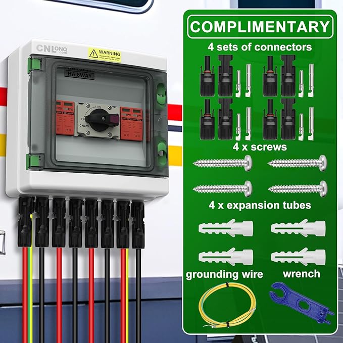 2 Strings Solar Disconnect Switch 32 Amp DC1000V with Lightning Surge Protector Arrester and IP65 Solar PV Combiner Breaker Box 2in 2out for Outdoor Solar Panel System