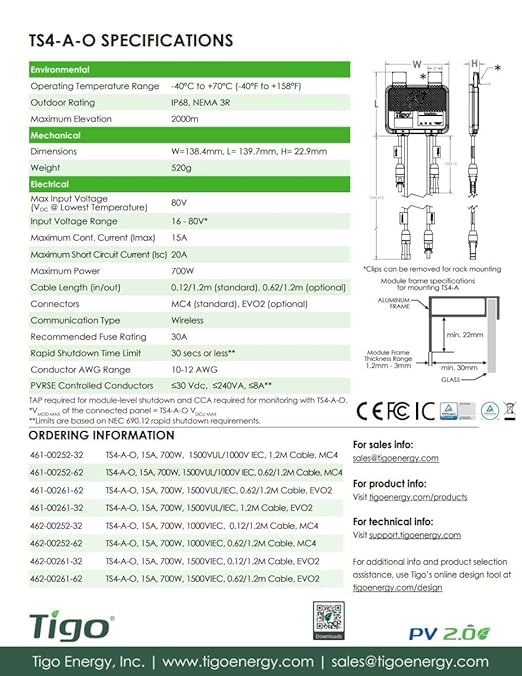 TS4-A-O Module Add-On Rapid Shutdown, Optimization, 1500V UL/1000TUV, 1.2M Cable, MC4 Genuine Connectors, Part No. 461-00252-32