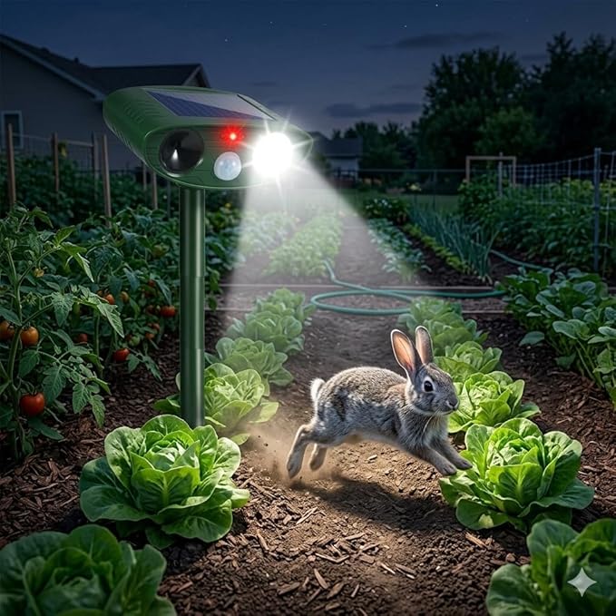 2Pack Solar Ultrasonic Animal Repellent Outdoor Rabbit Repellent Devices with Motion Detection&Flash Light Cat Repellent Keep Deer Raccoon Opossum Squirrel Away for Vegetable Garden Yard Lawn