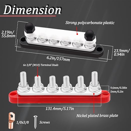350A Bus Bar 12V Marine 6 x 3/8" (M10) Terminal Studs 12V-48V Power Distribution Block with Cover,with 4PCS Battery Lugs and 4PCS Heat Shrink Tubing Busbar for Boat Automotive Car
