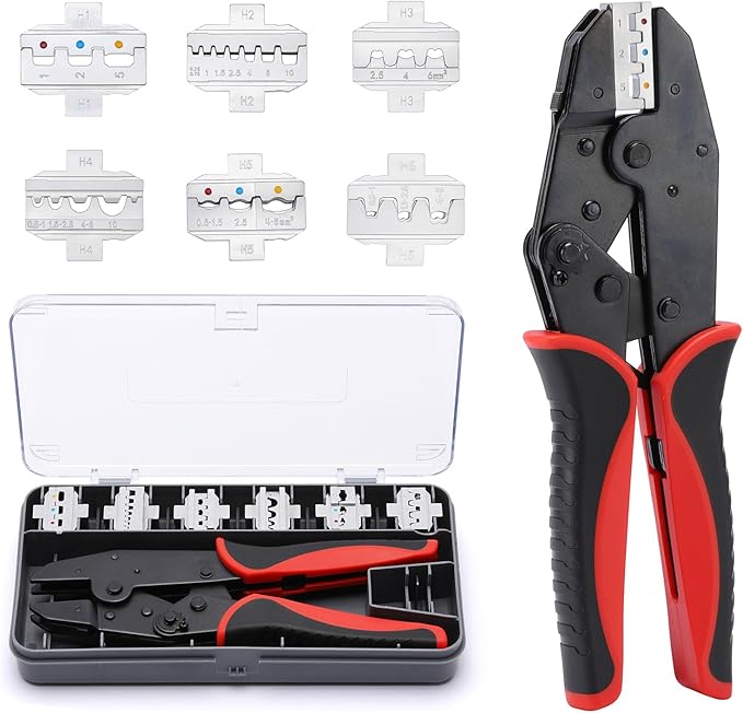 Mayouko 7PCS Quick Change Wire Crimping Tool Set for Heat Shrink, Insulated Nylon, Non-Insulated, Wire Ferrules, Open Barrel Terminals, Solar Connectors, Crmiper with 6 Interchangable Die