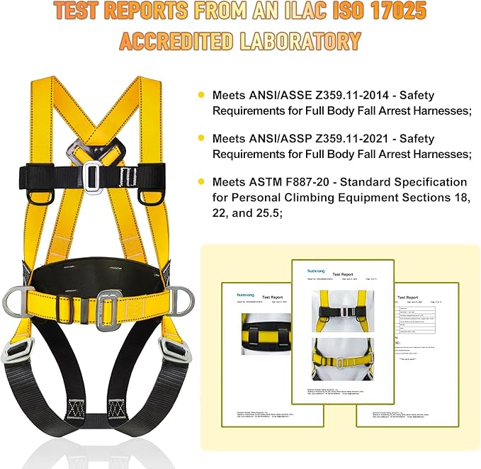 Safety Harness Fall Protection Kit with Shock Absorbing Lanyard, Roofing Work Harnesses Full Body Safety Harness for Construction (Yellow)