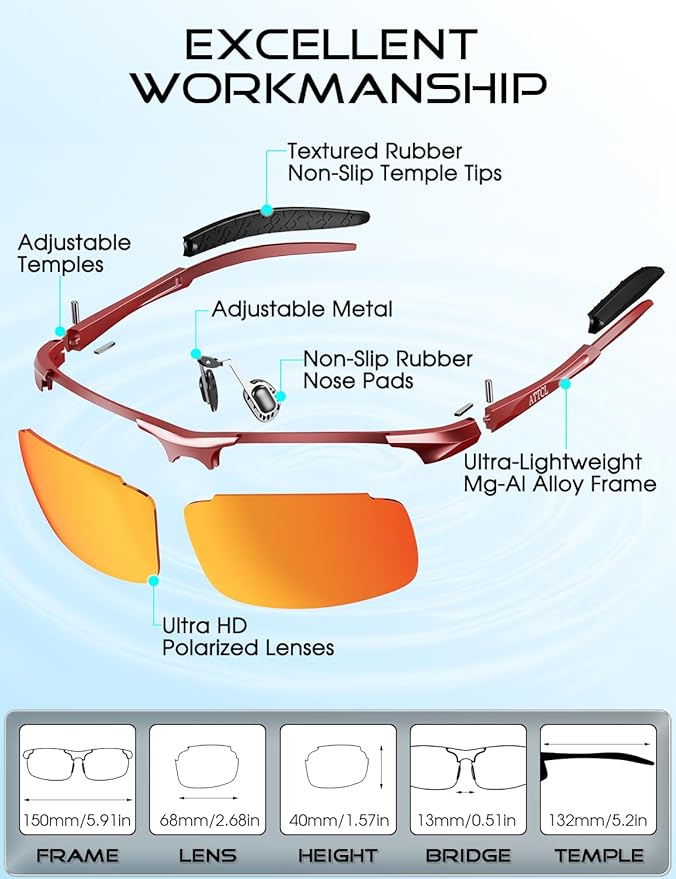 ATTCL Polarized Sunglasses Men Sports: UV Protection Anti Glare Wrap Around Lightweight Metal Driving Fishing Golf Running