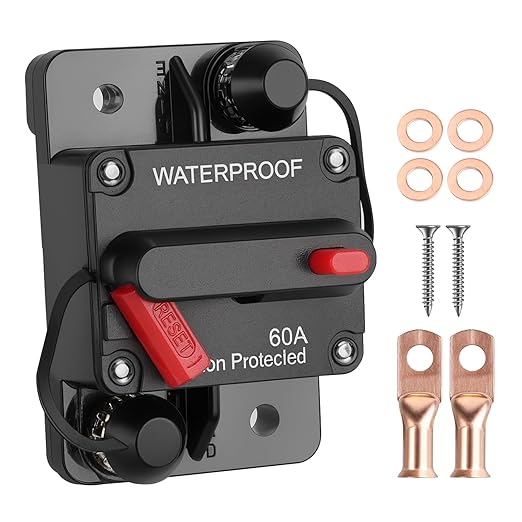 60 Amp Marine Circuit Breaker Switch for Trolling Motor Battery Box, Premium 12V - 48V 60A DC Breaker for Boat Motor, RV, Solar Panel & Car Audio, One-Click Reset, No Fuse Needed