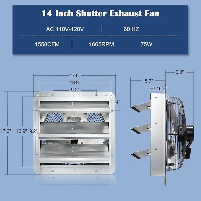 Hiorucet 14 Inch Shutter Exhaust Fan Wall Mounted, High Performance Low Noise Garage Louvered Exhaust Fan with Speed Controller and Power Cord Kit for Greenhouse, Shop, Attics, Chicken Coop, Basement.