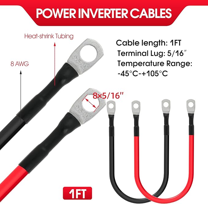 8 AWG Battery Cable 8 Gauge Power Inverter Cables with 5/16 Inch Lugs Both Ends for Solar Boat Marine RV Car 2 Pack (1FT)