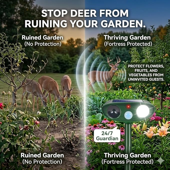 2026 Upgraded Sonic Fortress Pro Deer Repellent Outdoor,Solar Ultrasonic Animal Repellent with Motion Sensor&Flash Light-IP65 Waterproof Cat Deterrent Outdoor for Raccoon,Squirrel-Garden&Yard (4 Pack