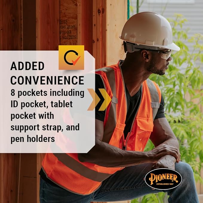Pioneer Hi Vis Safety Vest for Men & Women - Reflective Cooling Mesh - 8 Pockets - Class 2 - Construction, Traffic, Security