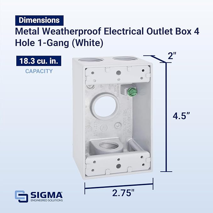 SIGMA ENGINEERED SOLUTIONS 14251WH Metal Electrical Outlet Box, Weatherproof, Easy Mount Plug and Receptacle Protector, White, (4) 1/2-Inch Holes, 1 Gang Deep Box