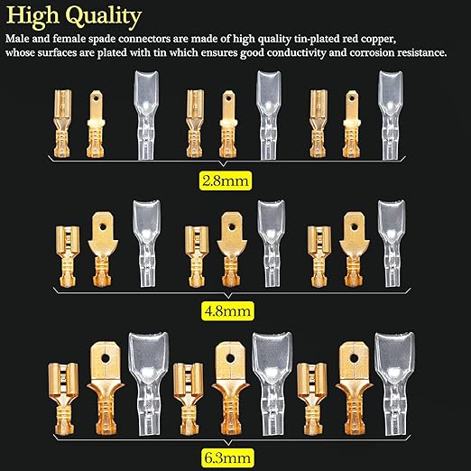 Twidec/360Pcs 2.8/4.8/6.3mm Quick Splice Male and Female Wire Spade Connector Crimp Terminal Block Assortment Kit Golden with Insulating Sleeve for Electrical Wiring Car with Wire Crimper Tool