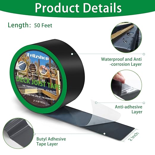 Deck Joist Tape 2'' x 50' Flashing for Decking and Beams - Butyl Tape for Building Joists (6 Rolls)