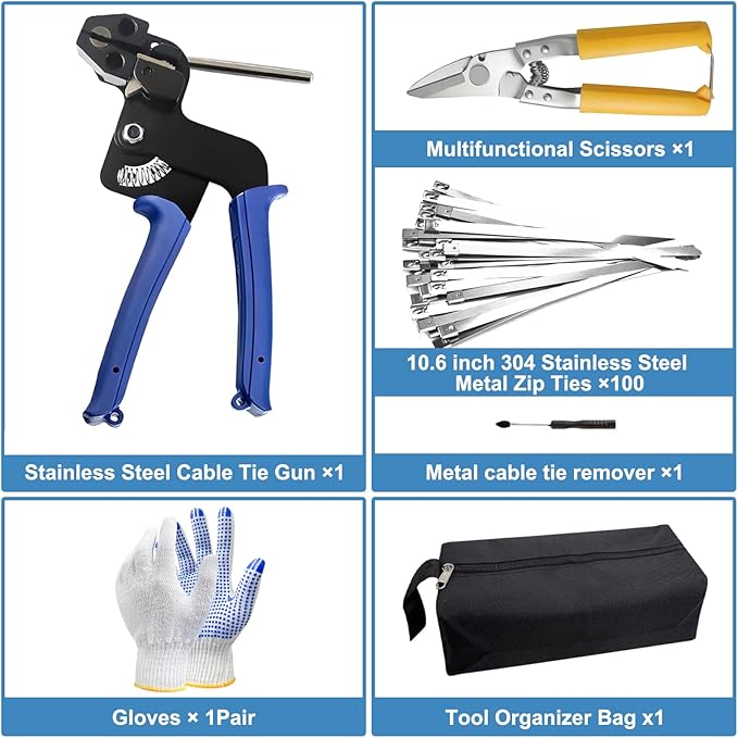 Heavy Duty Stainless Steel Zip Tie Gun Kit with 100pcs Self-Locking Metal Cable Ties, Duty Outdoor Adjustable Fastening Cutting Tie Tool Sets, Durable & Adjustable Tool Set (Blue)