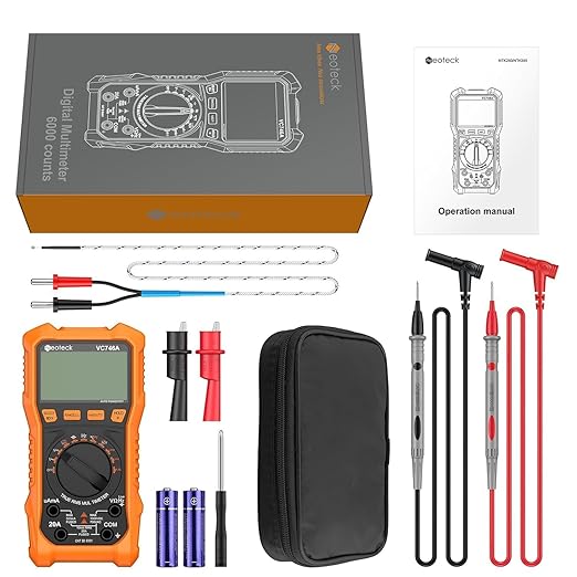 Neoteck 6000 Counts Digital Multimeter for DC AC Voltage/Current TRMS Voltmeter with Test Probe Auto Range Multimeter with NCV Live for Temperature Capacitance Resistance Diode Continuity-Orange