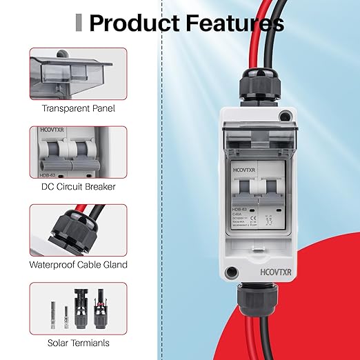Solar Panel Disconnect Switch 40A 1000V DC PV Disconnect Switch with Solar Cable, IP65 Outdoor Solar Circuit Breaker for Solar Panels Home Battery Systems(40A 1000V)